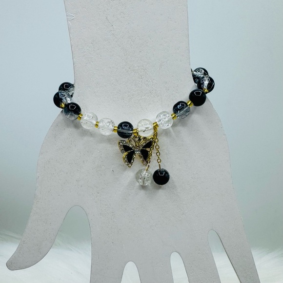 Gradient Black Beaded w/ Sparkly Bow Charm Bracelet - Small wrists - Picture 1 of 5